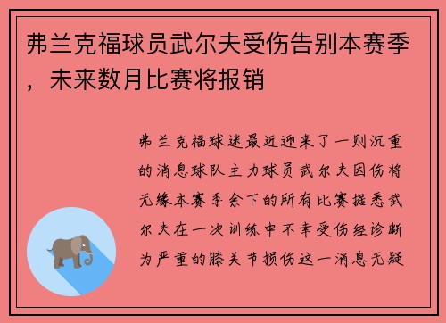 弗兰克福球员武尔夫受伤告别本赛季，未来数月比赛将报销