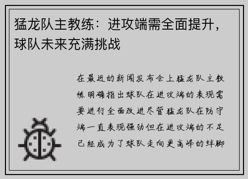 猛龙队主教练：进攻端需全面提升，球队未来充满挑战