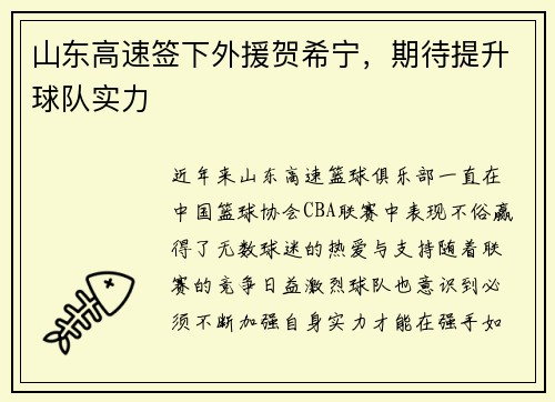 山东高速签下外援贺希宁，期待提升球队实力